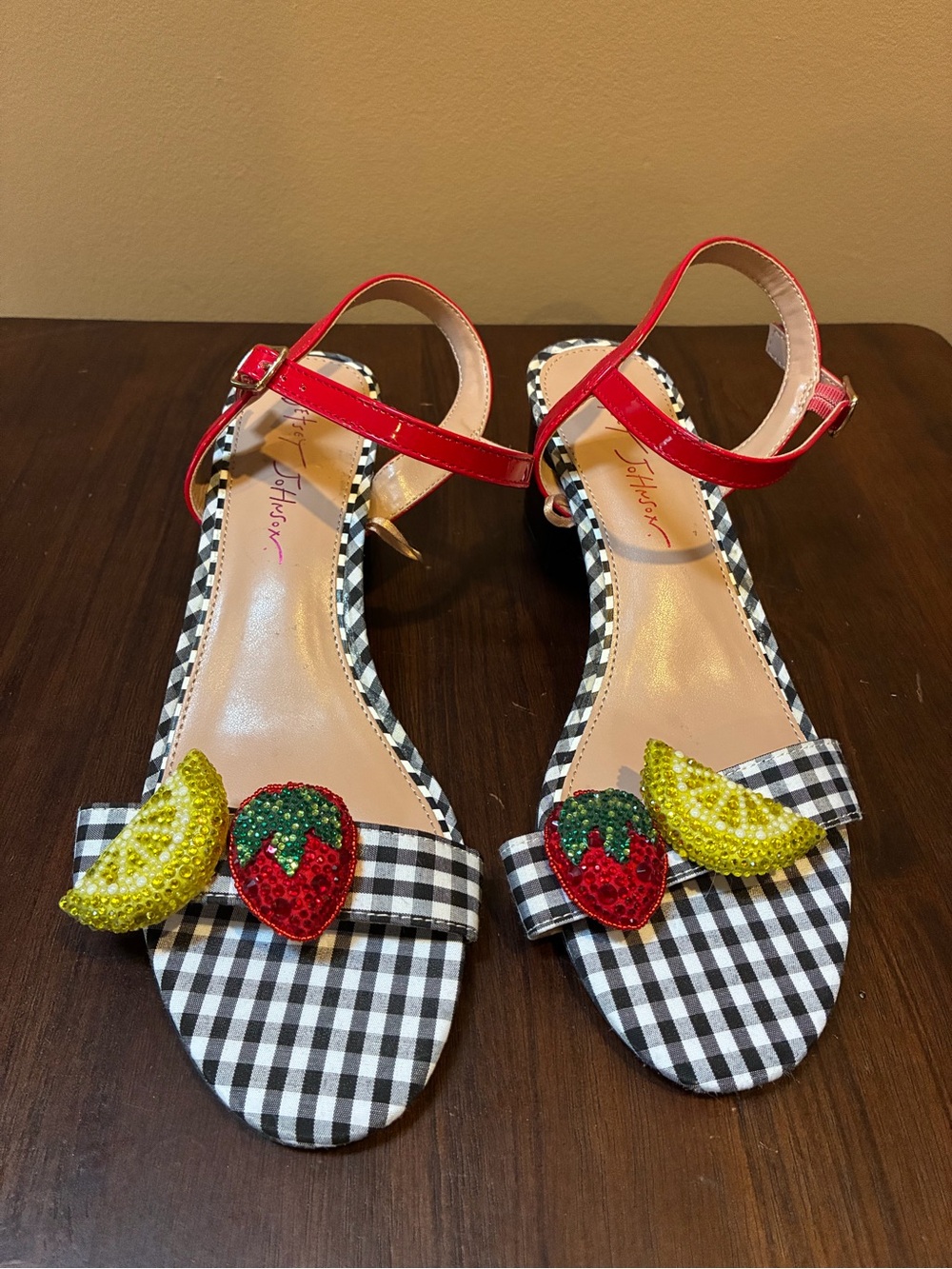 Betsey Johnson Maliah Gingham Fruit, Beaded, Embellished Block Heel, Women’s 9